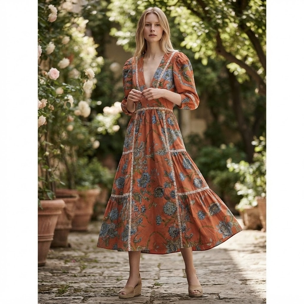 Love The Label Anthropologie Floral Maxi Dress Orange Puff Sleeve V-Neck Size M